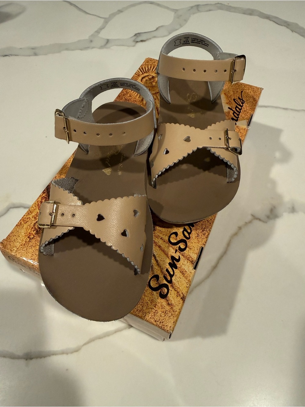 Salt Water Sandals  Beige Kids Heart Cutout Ankle Strap Sandals